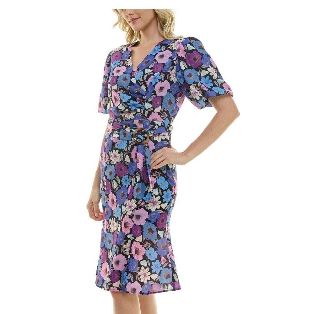 NWT Nicole Miller Floral Black Pink Blue White Fit/Flare Dress Size M Lined - Picture 9 of 11